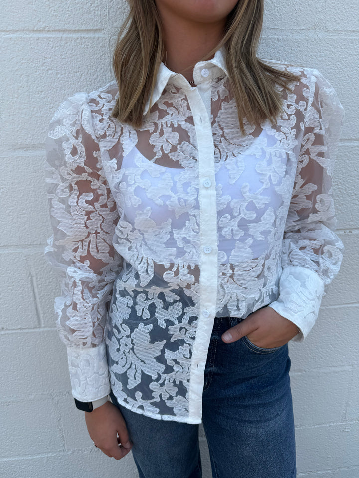 White Lace Floral Button Up Long Sleeve Blouse