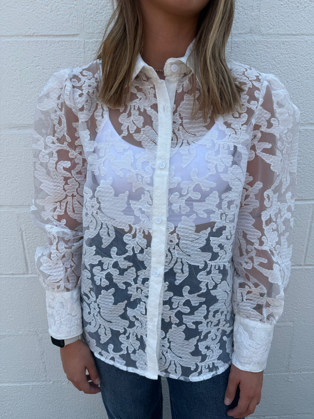 White Lace Floral Button Up Long Sleeve Blouse