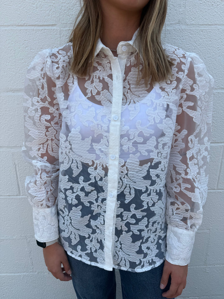 White Lace Floral Button Up Long Sleeve Blouse