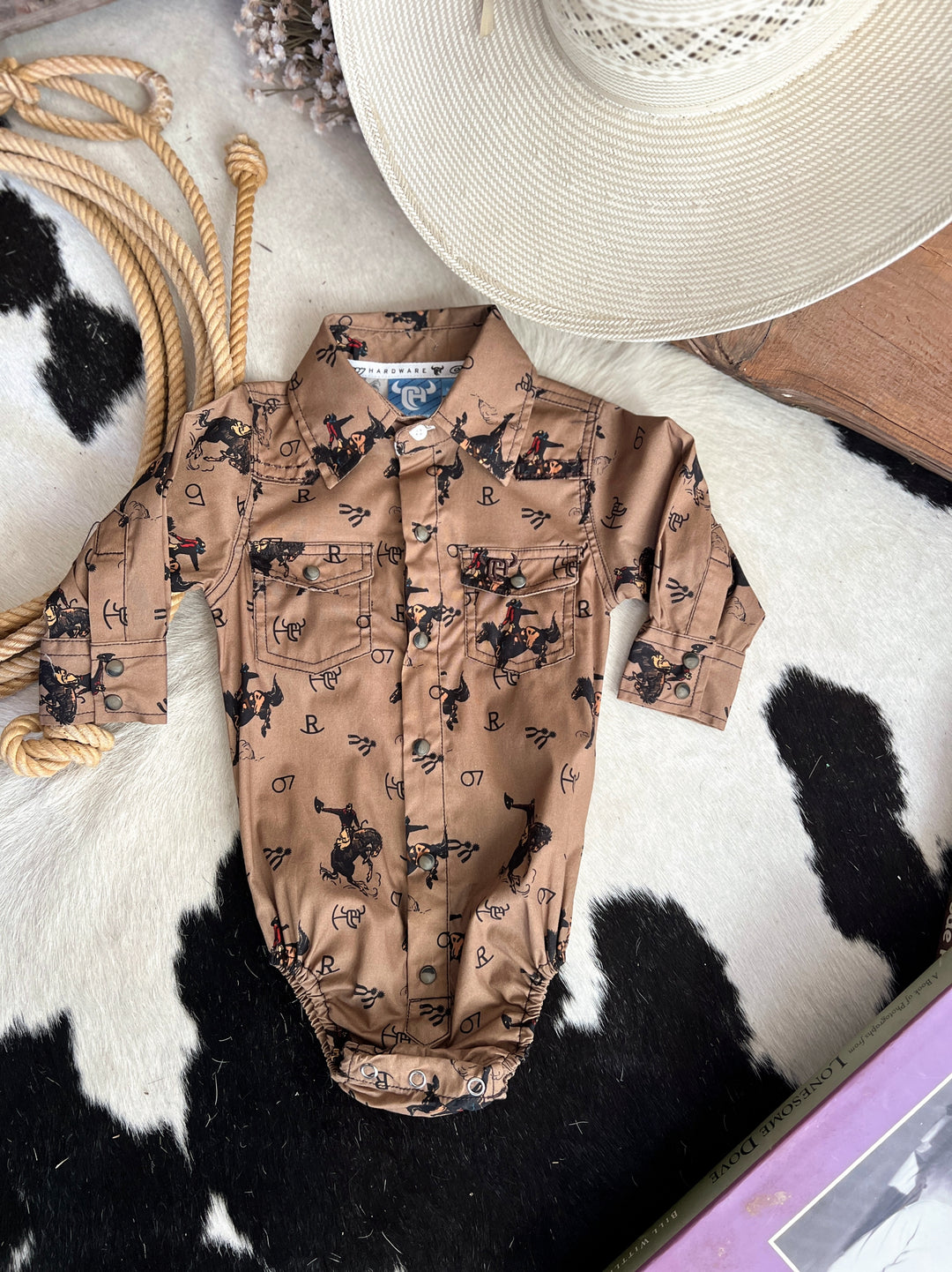 Kid's Vintage Bronc Brown Long Sleeve Romper | gussieduponline