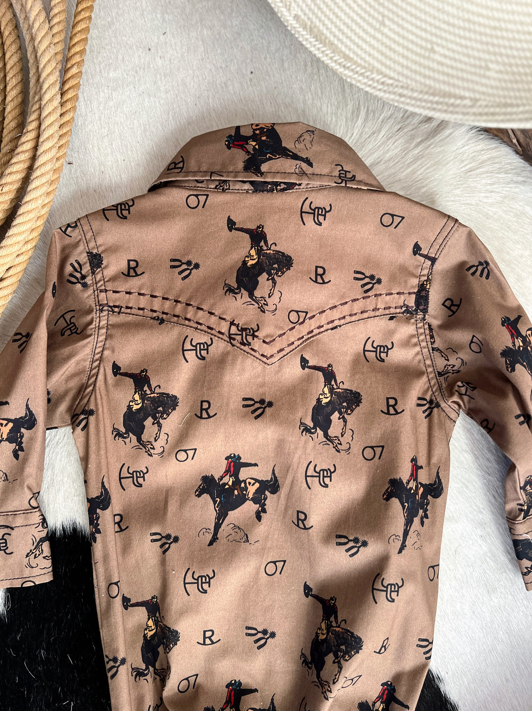 Kid's Vintage Bronc Brown Long Sleeve Romper | gussieduponline