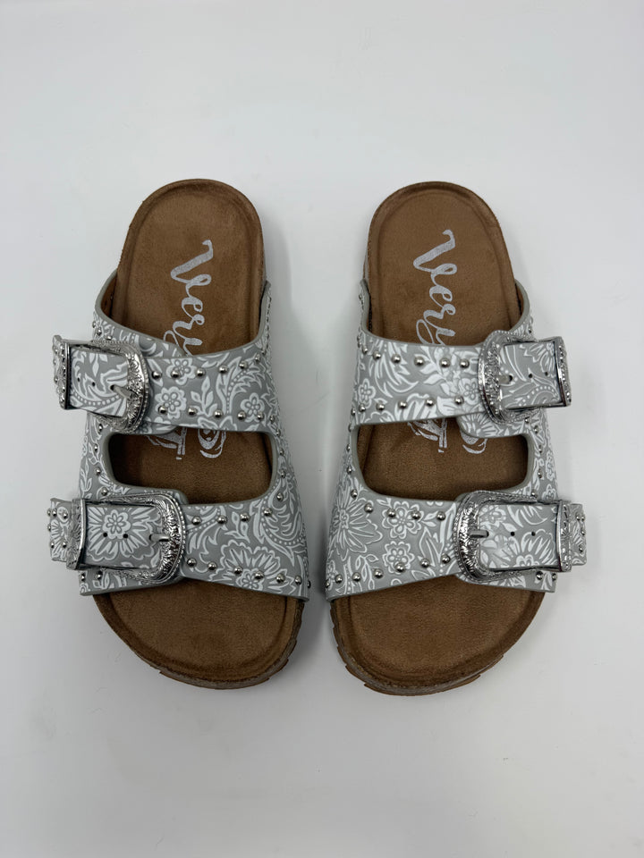 Very G Heidi Grey Studded Tooled Sandals