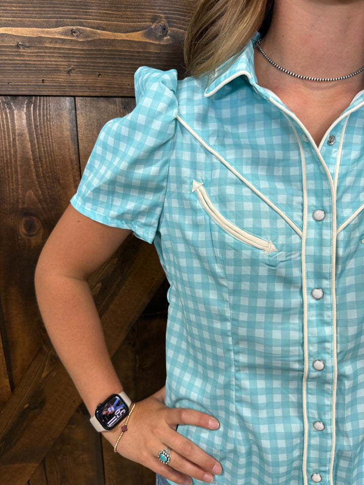 L&B Mint Plaid Printed Pearl Snap Puff Sleeve Top