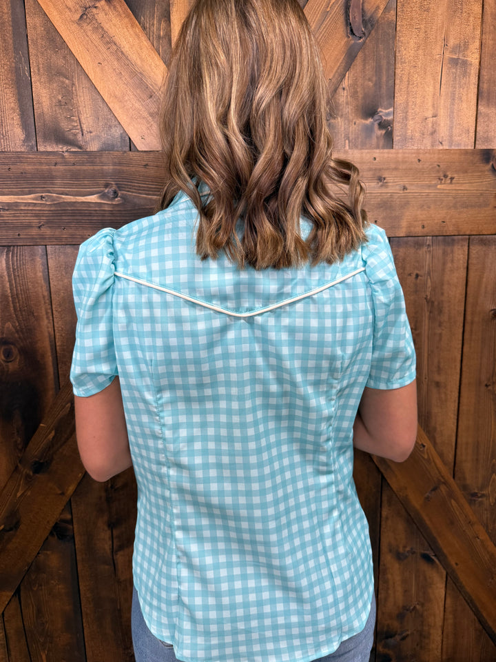 L&B Mint Plaid Printed Pearl Snap Puff Sleeve Top