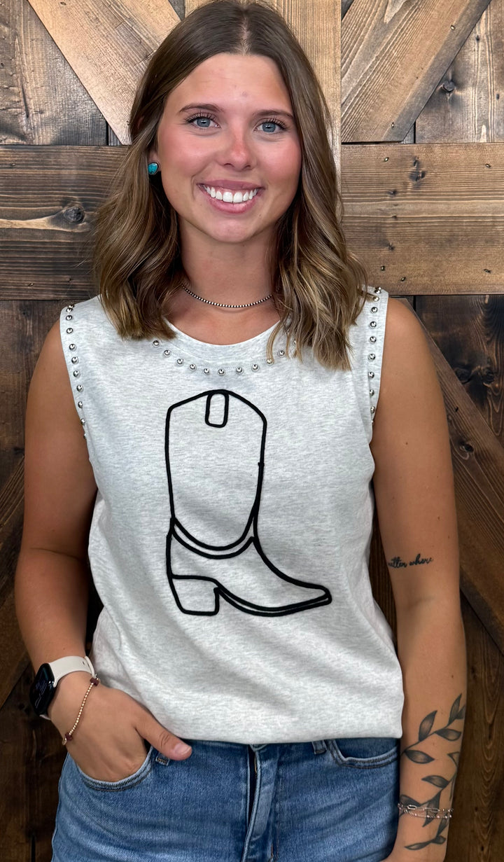 L&B Cowboy Boot Grey Vintage Silver Studded Tank Top