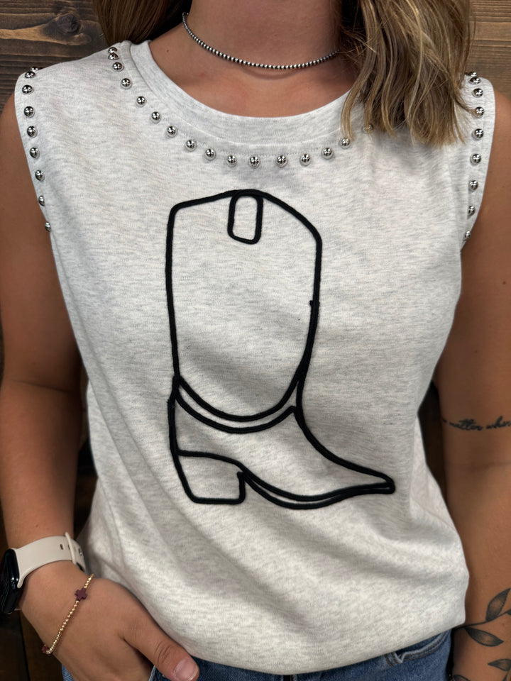 L&B Cowboy Boot Grey Vintage Silver Studded Tank Top