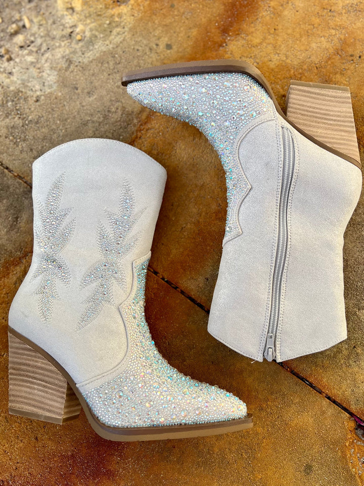 Very G Lux Cream/Silver Rhinestone Heeled Bootie