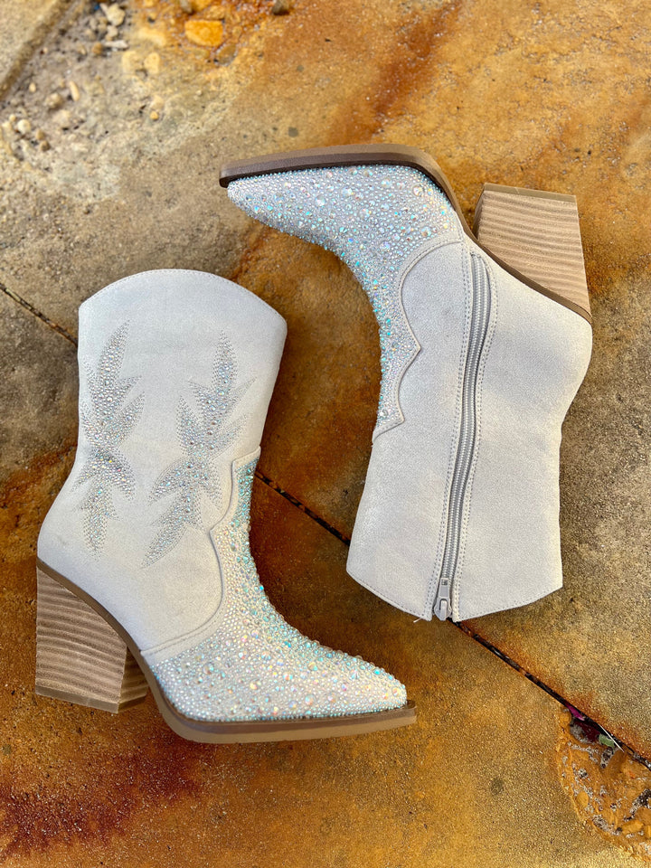 Very G Lux Cream/Silver Rhinestone Heeled Bootie