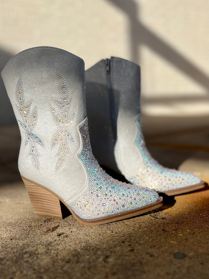 Very G Lux Cream/Silver Rhinestone Heeled Bootie