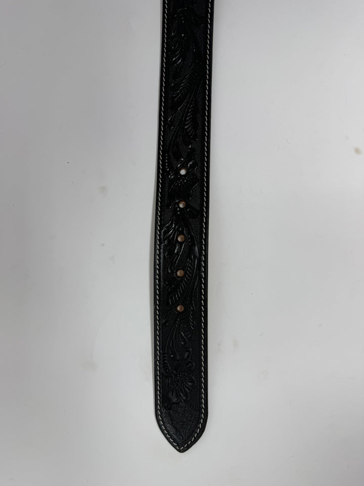 Black Tooled Western Leather Belt w/ Round Leather Buckle