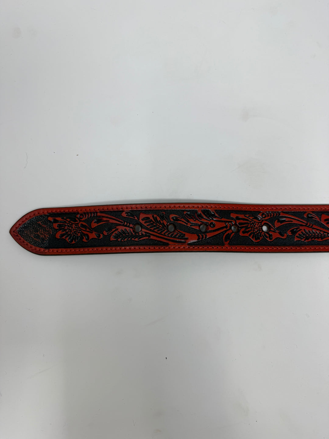 Red Black Floral Tooled Western Leather Belt w/ Round Leather Buckle