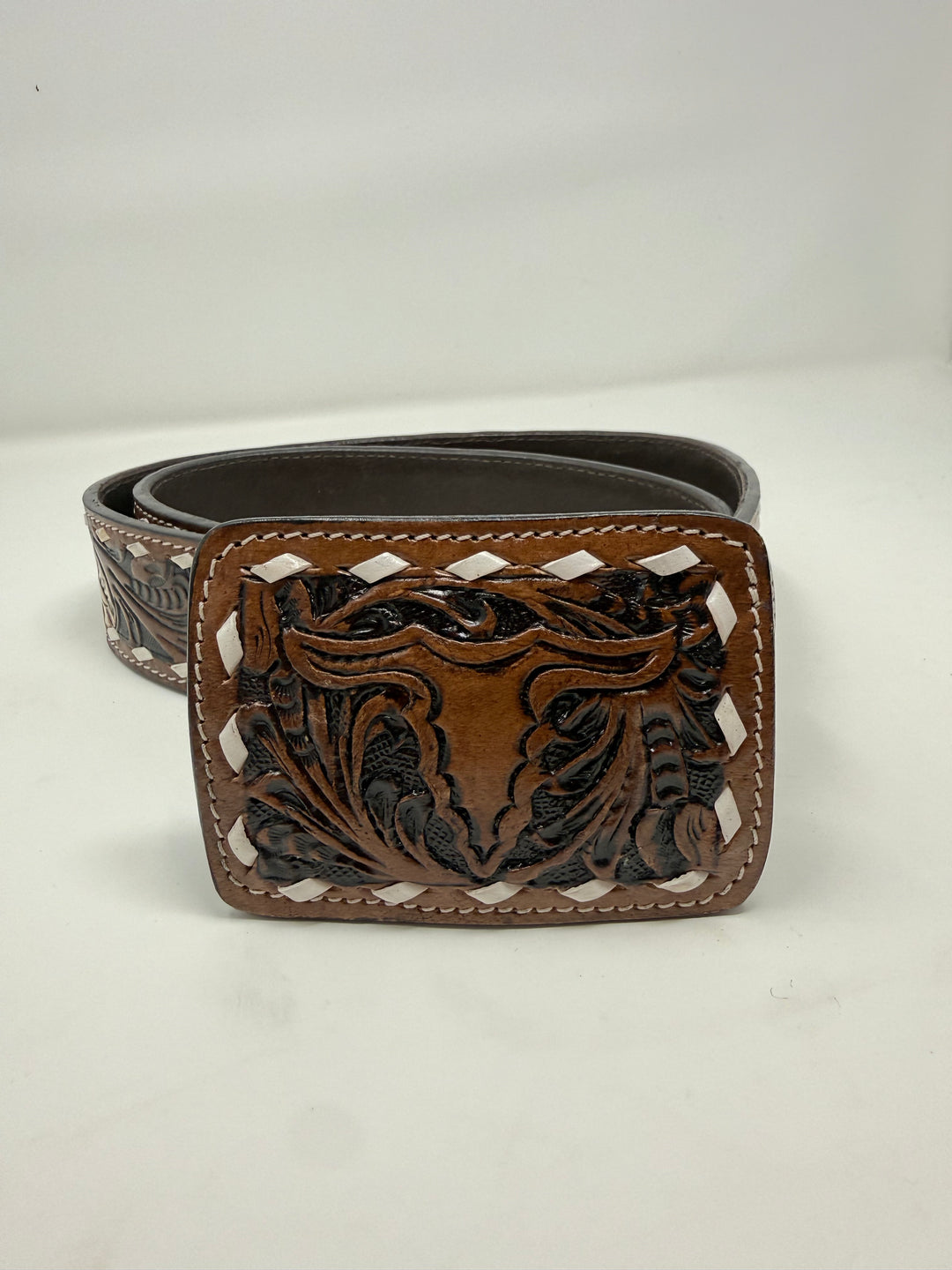 Brown Ivory Tooled Western Leather Belt w/ White Floral Detail