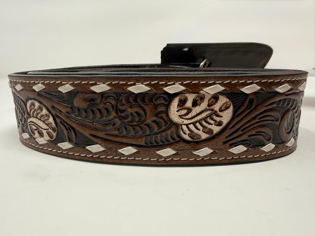 Brown Ivory Tooled Western Leather Belt w/ White Floral Detail
