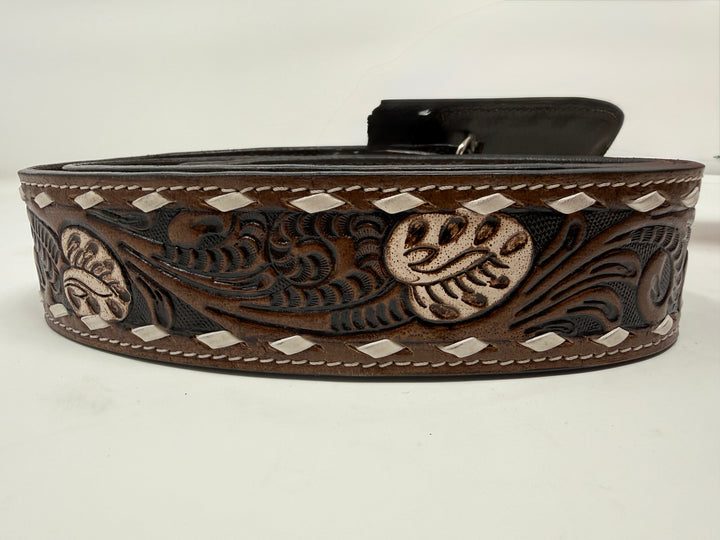 Brown Ivory Tooled Western Leather Belt w/ White Floral Detail