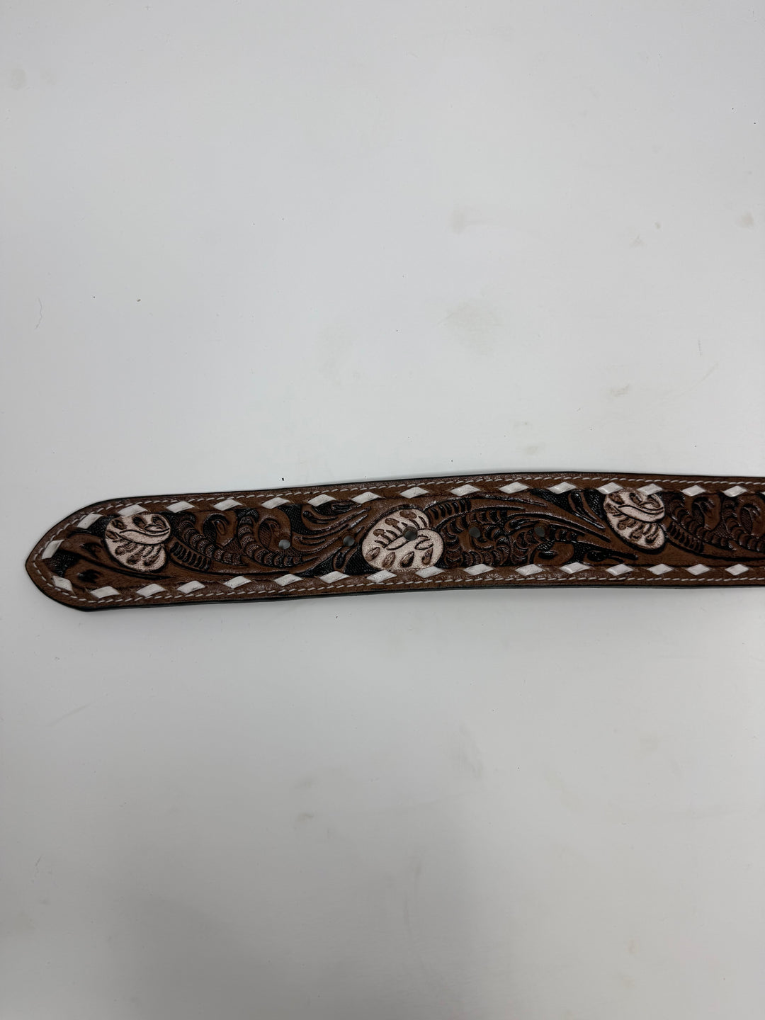Brown Ivory Tooled Western Leather Belt w/ White Floral Detail