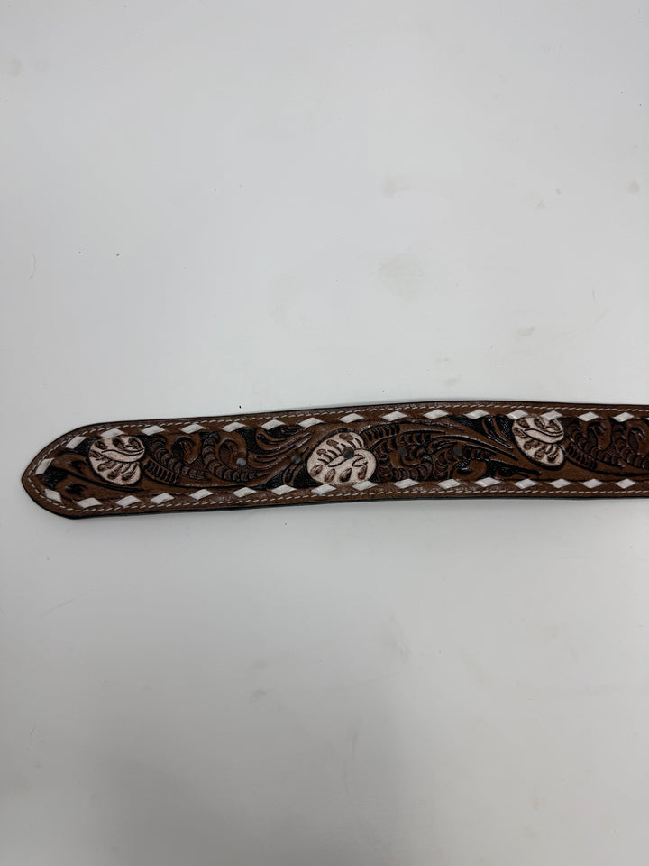 Brown Ivory Tooled Western Leather Belt w/ White Floral Detail