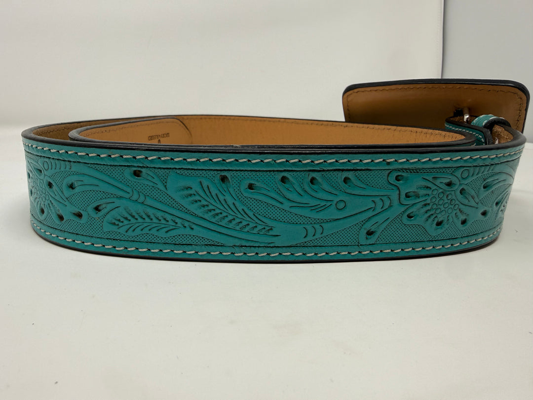 Turquoise Floral Tooled Western Leather Belt w/ Jade Floral Detail