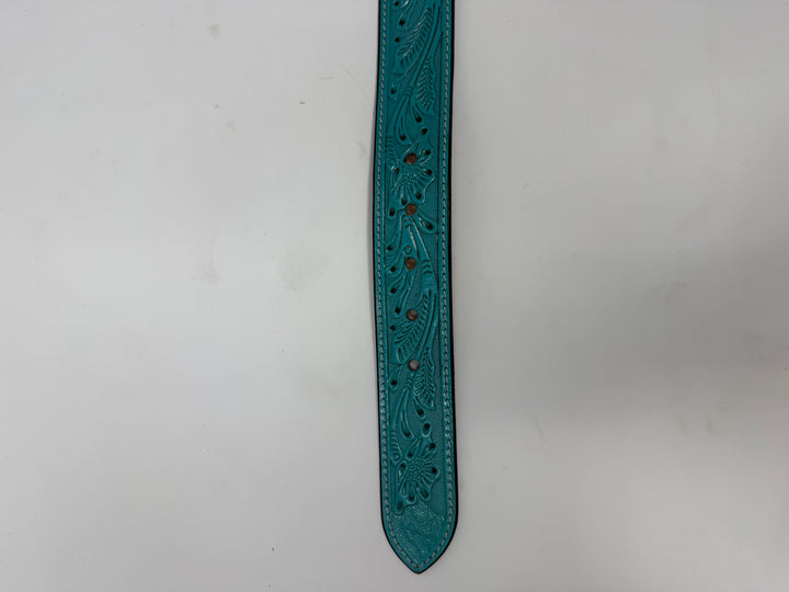 Turquoise Floral Tooled Western Leather Belt w/ Jade Floral Detail