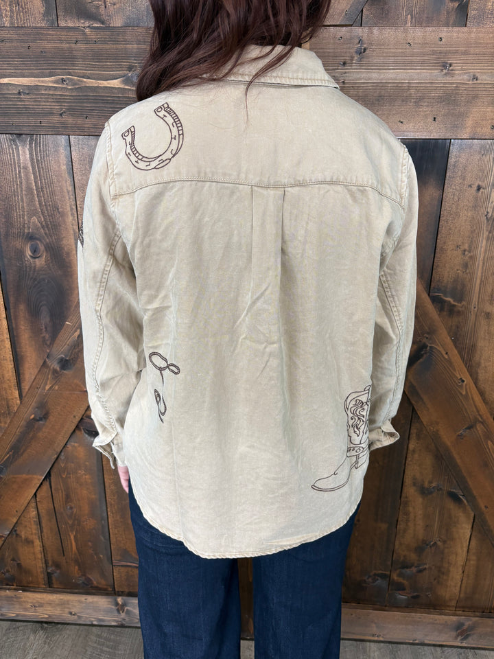Taupe Western Embroidered Snap Button Top
