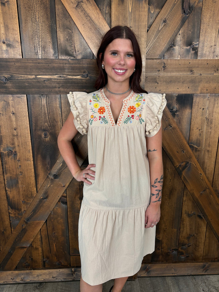 Taupe Embroidery Split Neck Ruffle Sleeve Dress