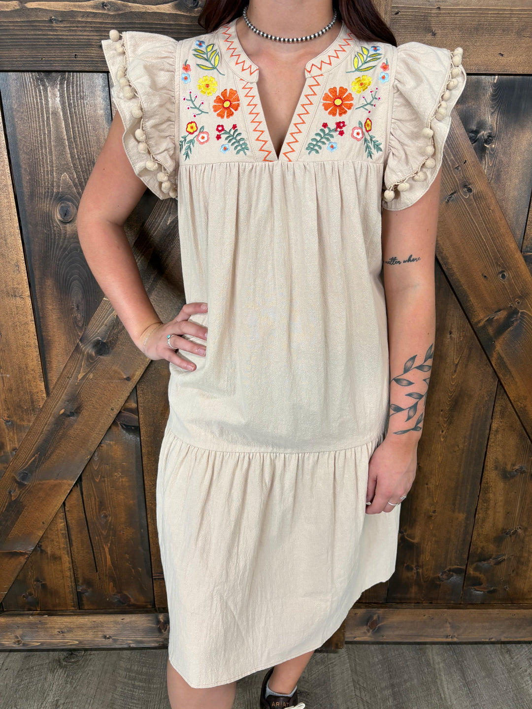 Taupe Embroidery Split Neck Ruffle Sleeve Dress