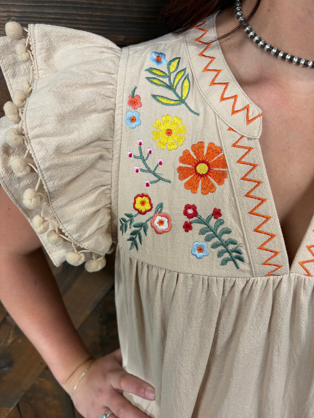 Taupe Embroidery Split Neck Ruffle Sleeve Dress