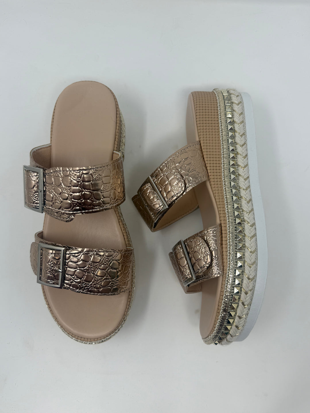 Gold Metallic Textured Leather Buckle Wedge Platform Shoes