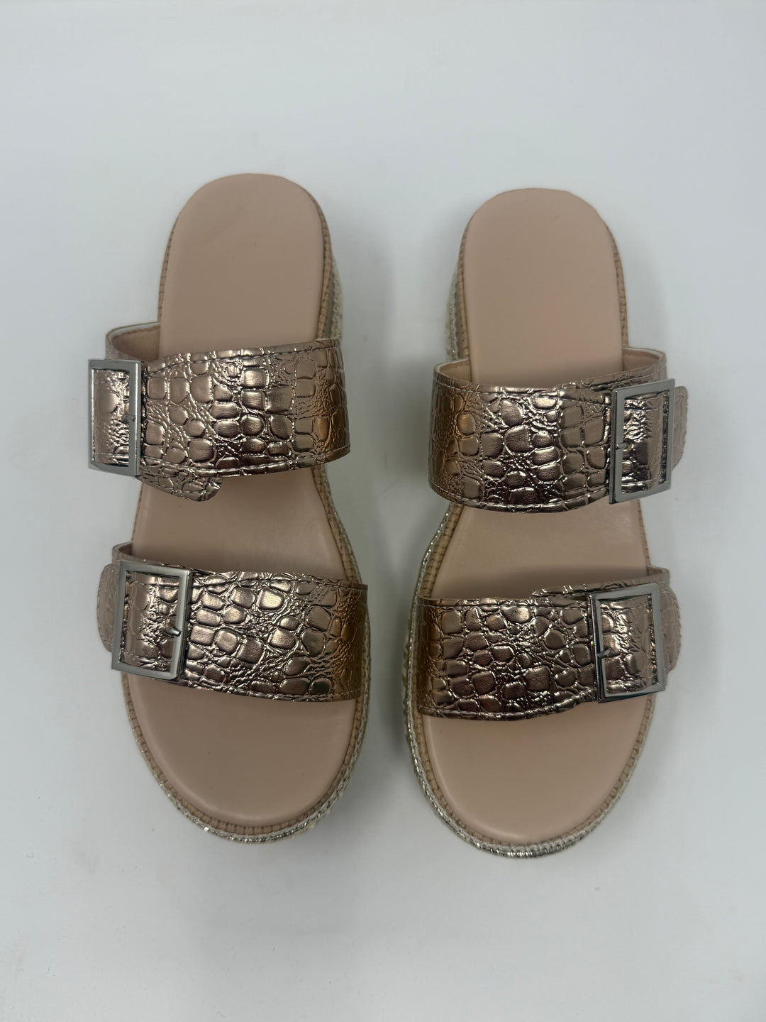 Gold Metallic Textured Leather Buckle Wedge Platform Shoes