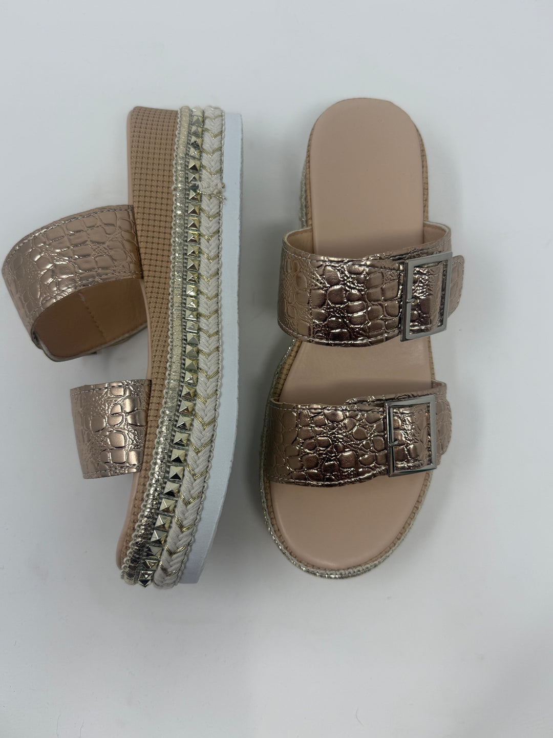 Gold Metallic Textured Leather Buckle Wedge Platform Shoes