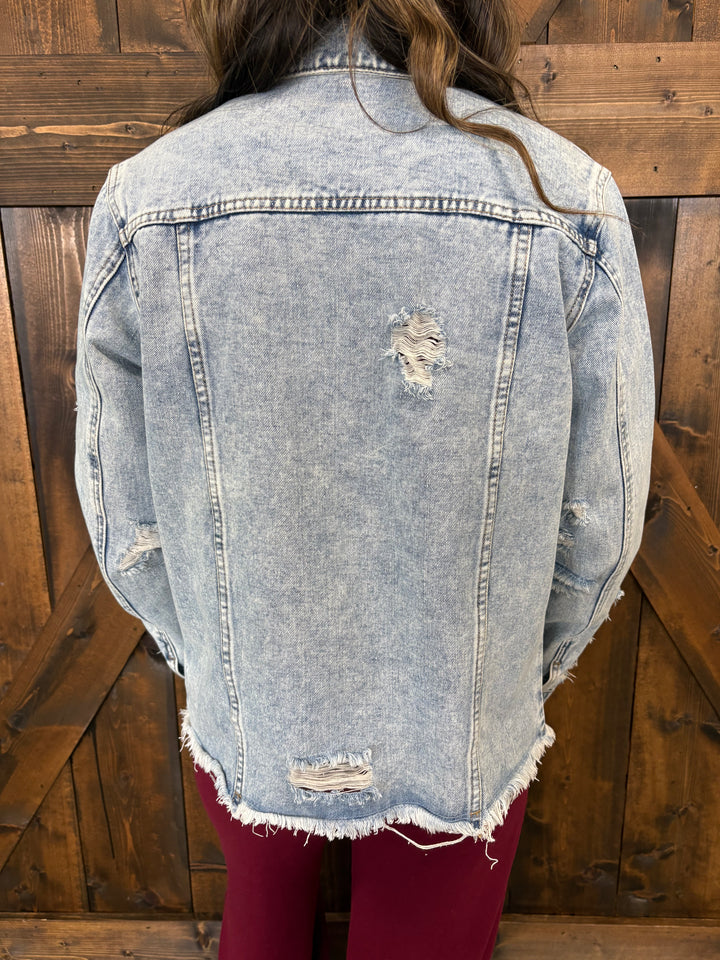 Distressed Raw Hem Denim Jacket