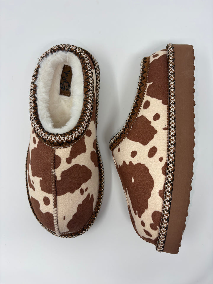 Very G Georgina Cream & Tan Cow Print Slippers