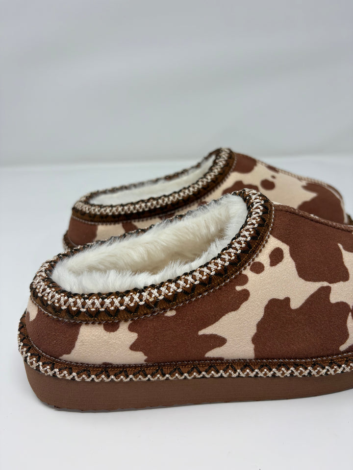 Very G Georgina Cream & Tan Cow Print Slippers