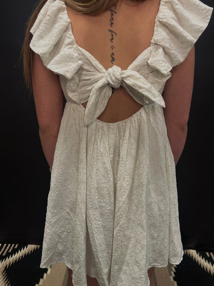 White Floral Ruffle Tie Back Dress*