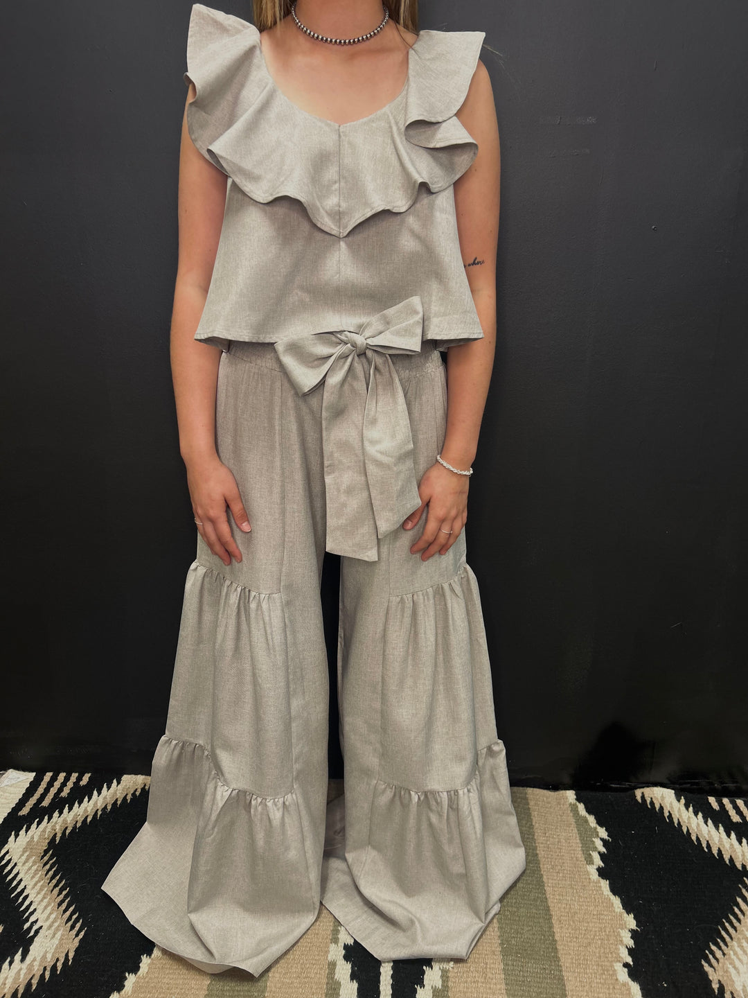 Oatmeal Smocking Waist  & Ruffled Crop Trop Set