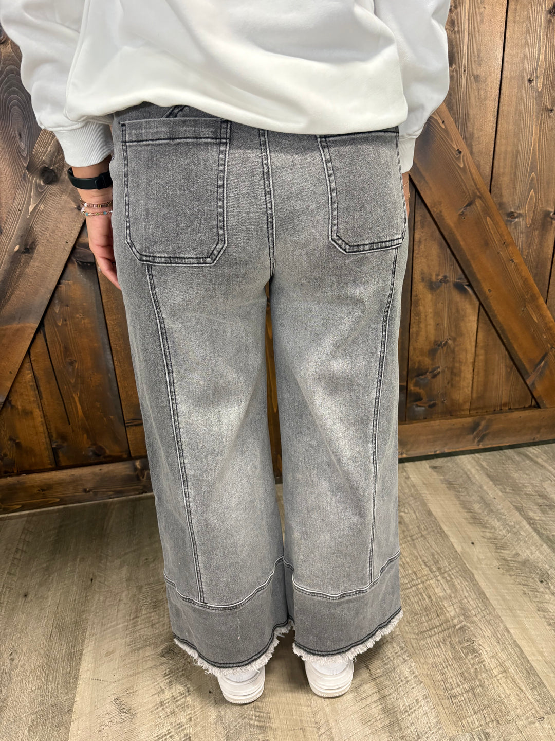 Grey Denim Raw Hem Seam Detail Wide Leg Pants