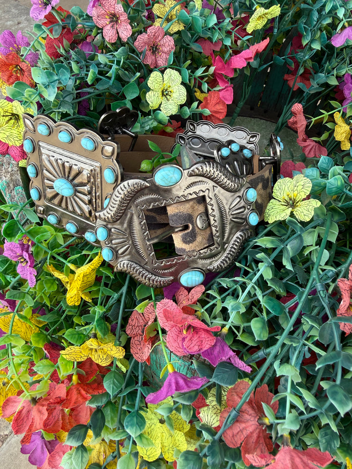 Brown Leopard Genuine Leather Turquoise Stone Ribbon Concho Belt