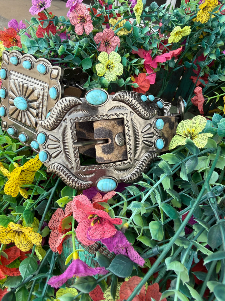 Brown Leopard Genuine Leather Turquoise Stone Ribbon Concho Belt