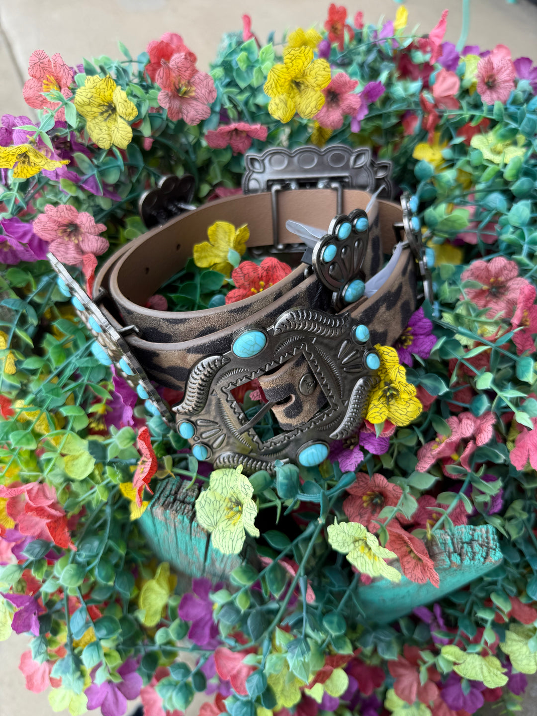 Brown Leopard Genuine Leather Turquoise Stone Ribbon Concho Belt