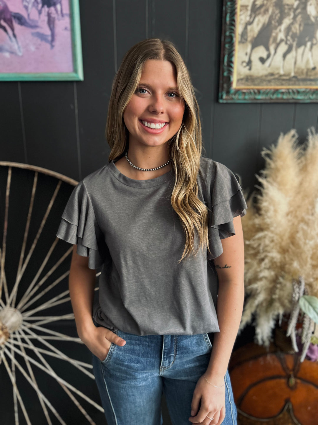 Western Layered Ruffle Short Sleeve Round Neck Top-3 Colors