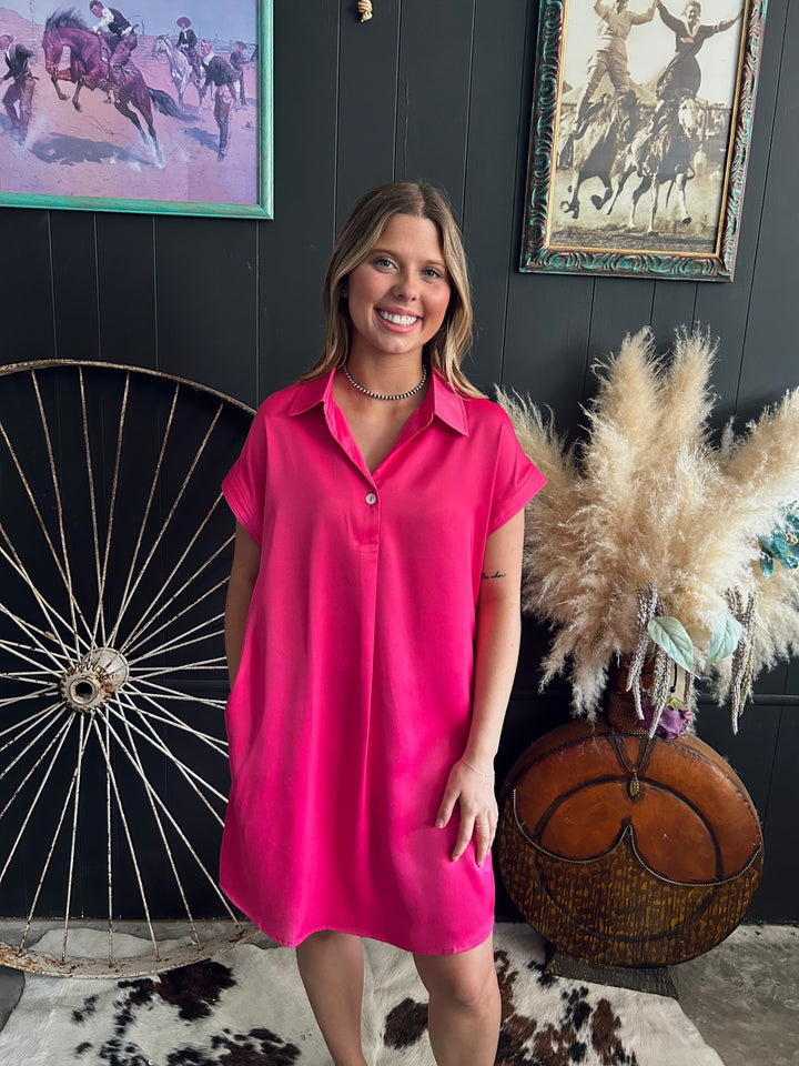Rose Red Buttoned Collar Mini Dress*