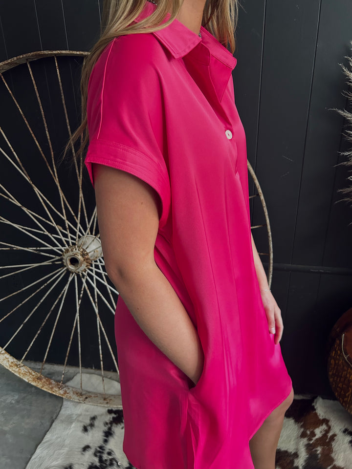 Rose Red Buttoned Collar Mini Dress*