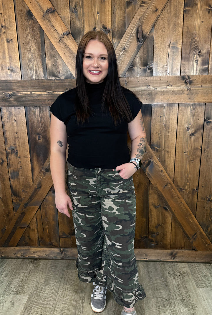 Vintage Camo Ruffle Washed Wide Leg Pants