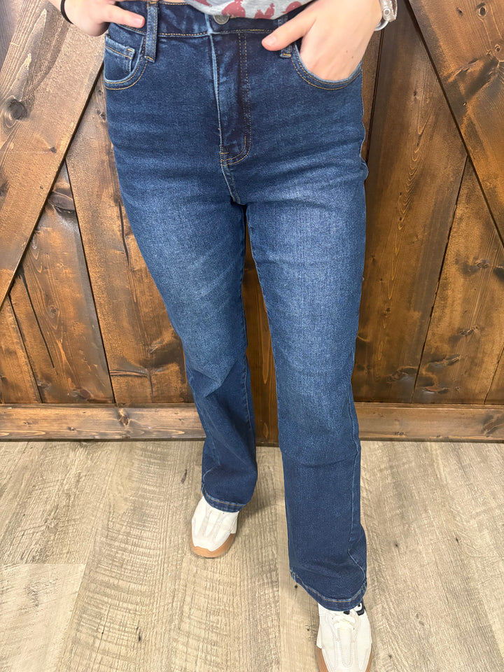 L&B Dark Wash High Rise Vintage Bootcut Jeans W/ Adjustable Waist