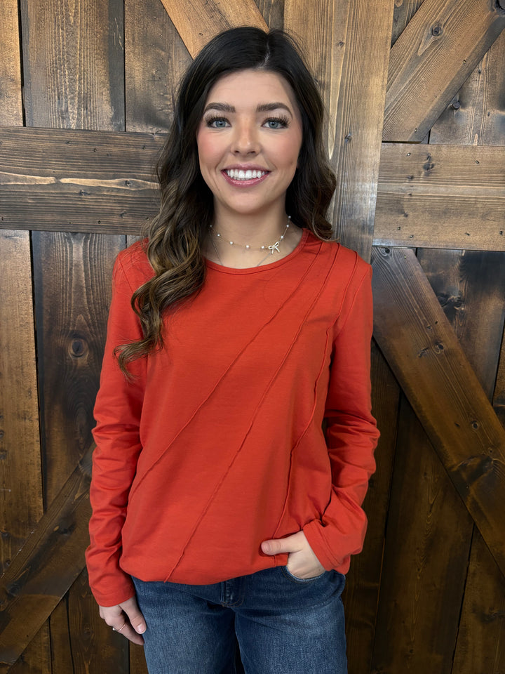 Asymmetric Seam Detail Long Sleeve Top- 3 Colors