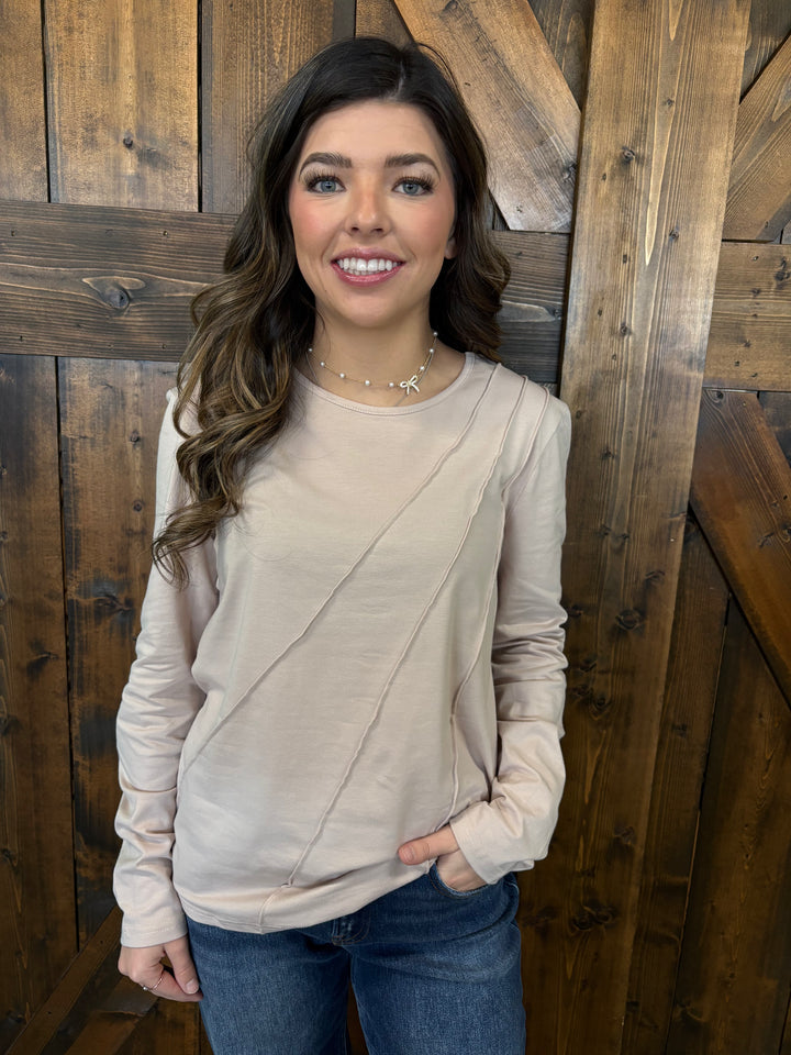 Asymmetric Seam Detail Long Sleeve Top- 3 Colors