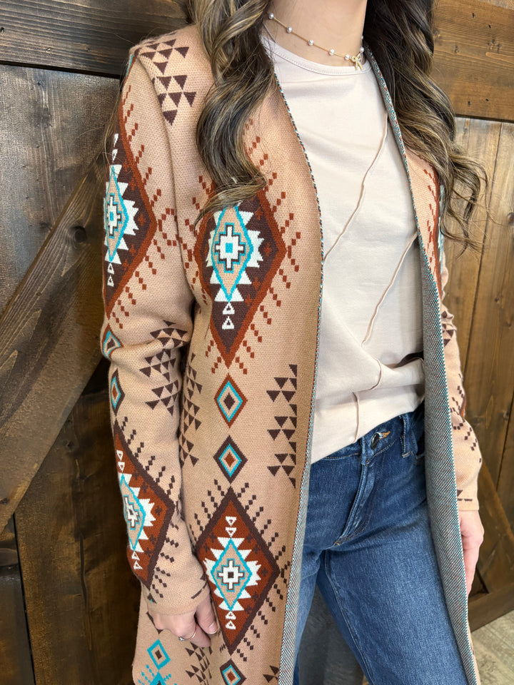 L&B Khaki Aztec Long Sleeve Knitted Cardigan