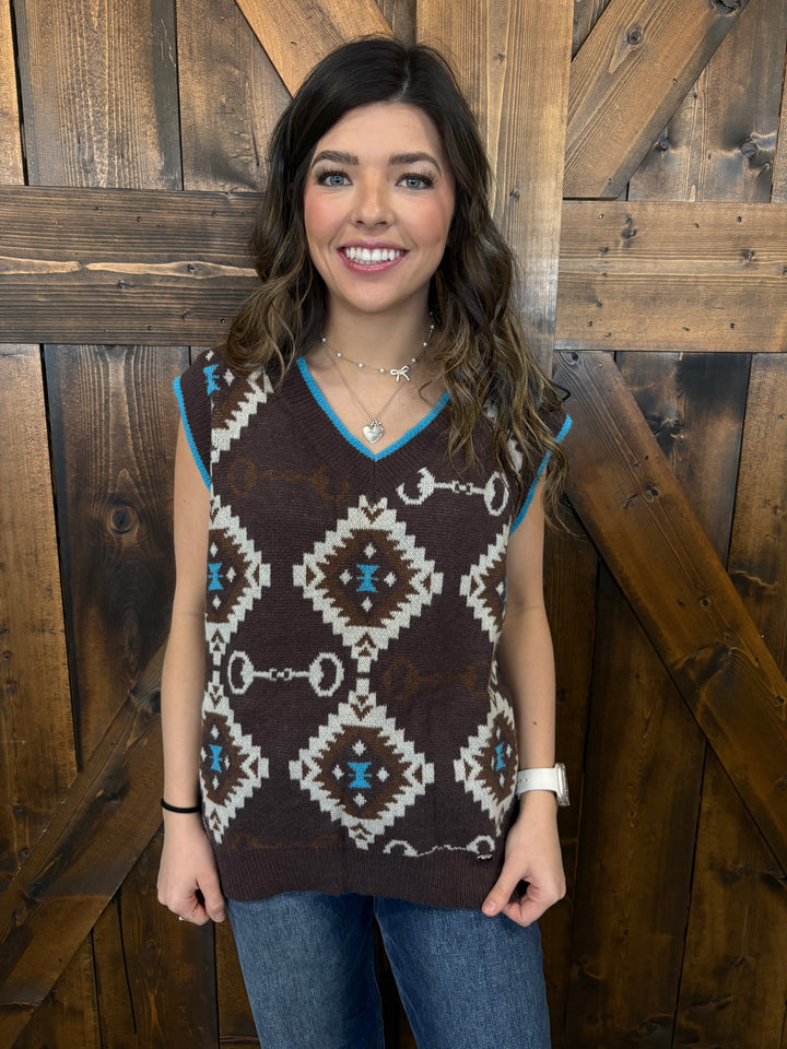 L&B Jade Brown Aztec Knit Vest