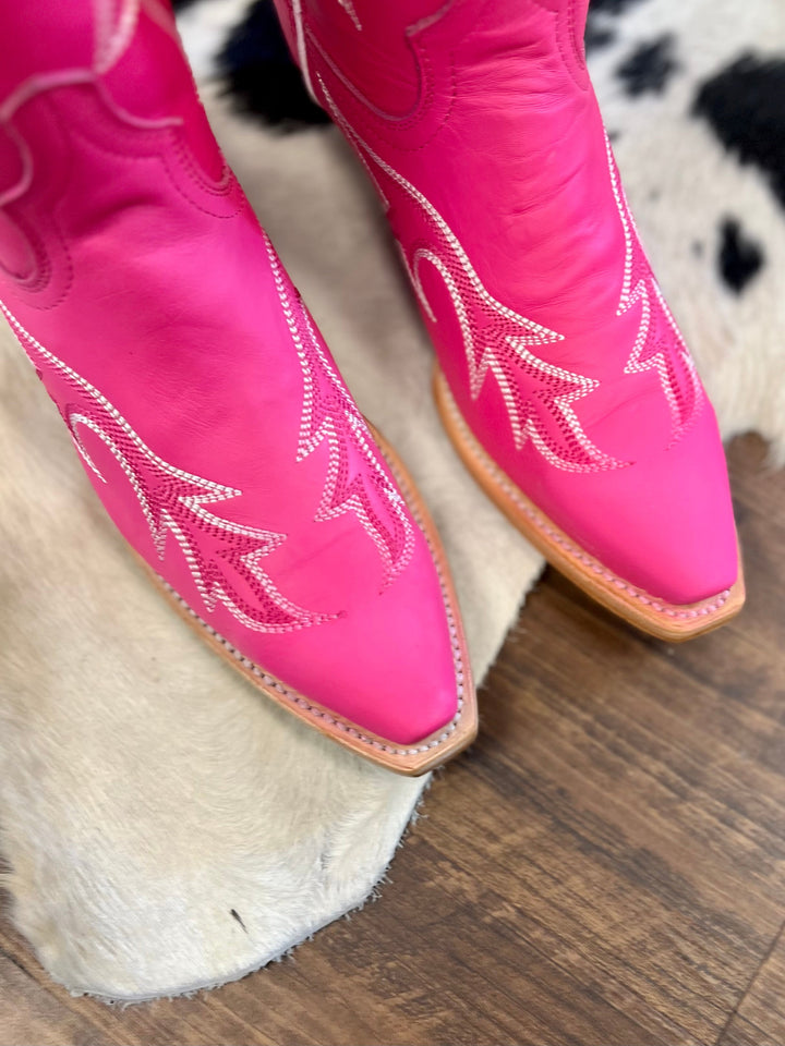 Ferrini Boot Company I Gussied Up Online. pink. cowgirl boots. Western cowgirl boots. hot pink. genuine leather. v toe. knee high. boots. sassy. western boot stitching. Small business. Western Women's Boutique. Ships fast from Texas. 