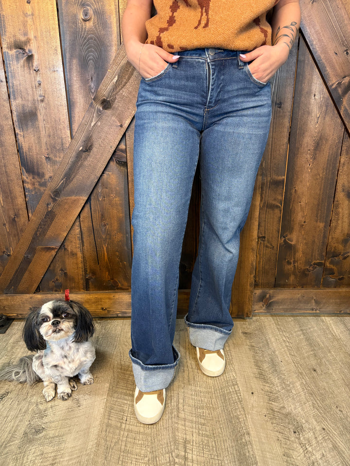 Risen Tummy Control Mid Rise Wide Cuffed Jeans