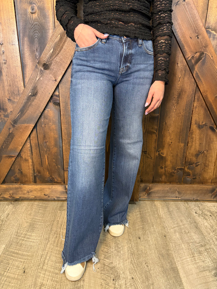 Risen Mid Rise Dark Wash Wide Leg Jeans